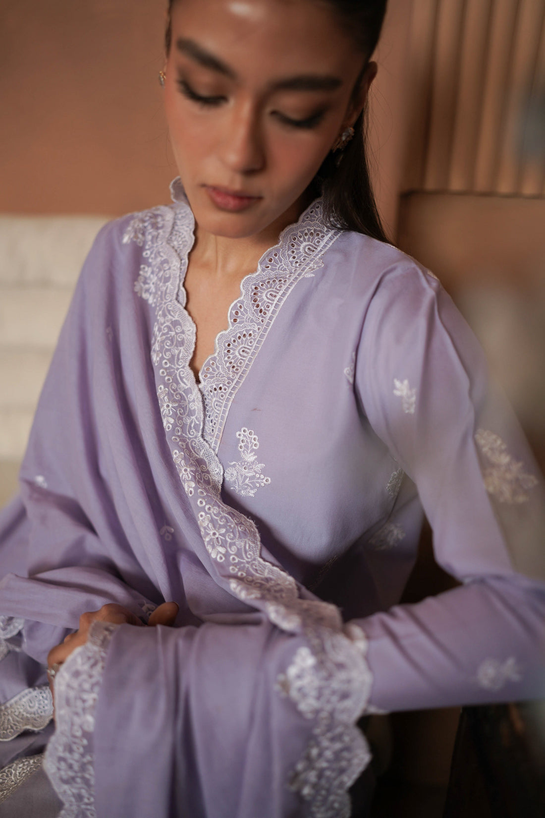 LILAC EMBROIDERED THREE PIECE SET - (DELIVERY BEFORE EID)