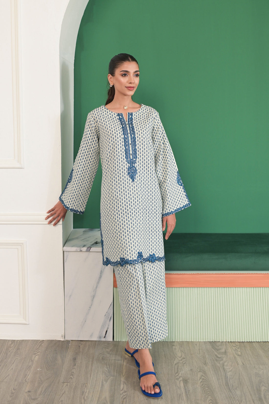 IVORY & BLUE EMBROIDERED SET NPA2-23337 (SHORT VERSION) - READY TO SHIP