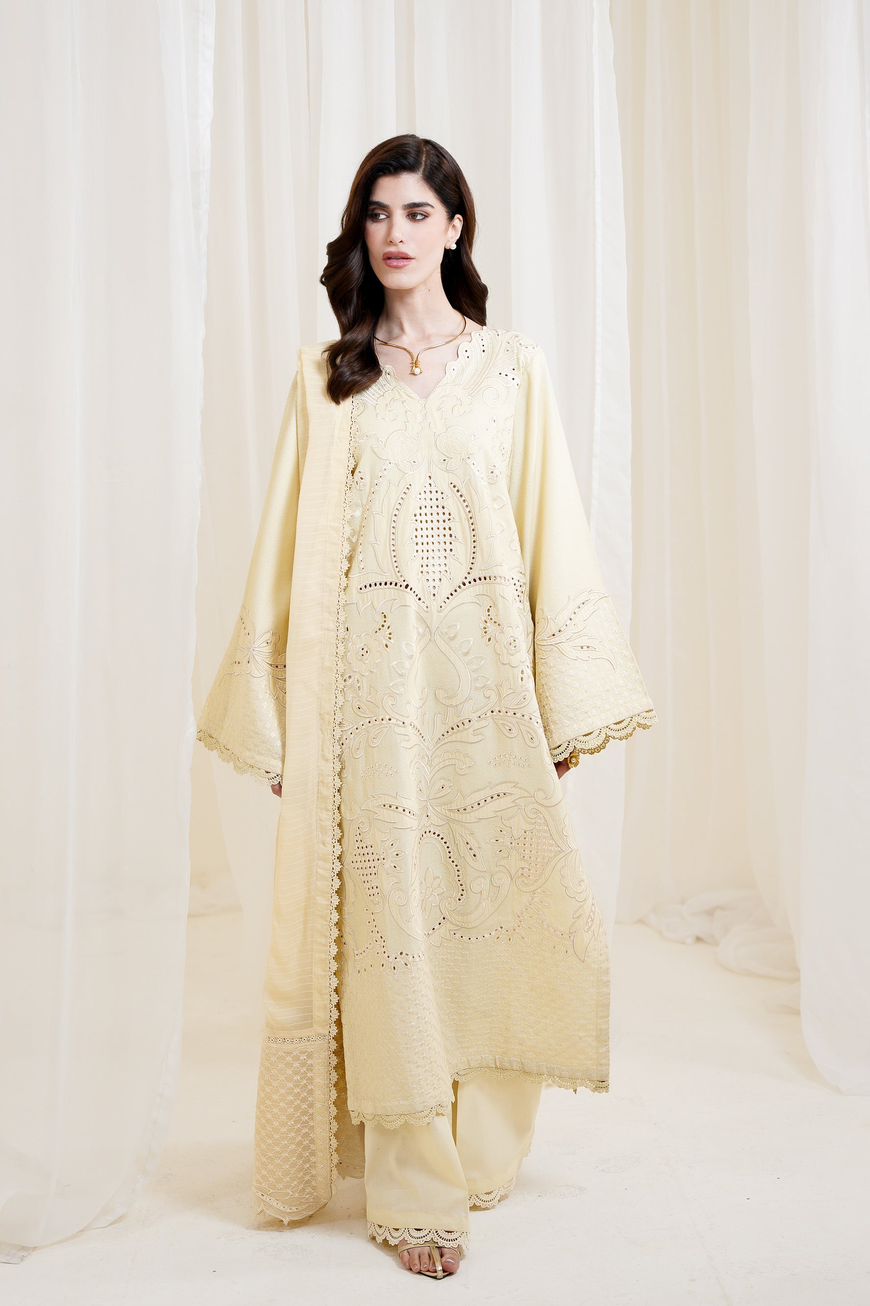 BUTTER YELLOW LUXURY EMBROIDERED 3PCS SET NPA3-25420 (EID 2025 READY TO WEAR) / READY TO SHIP