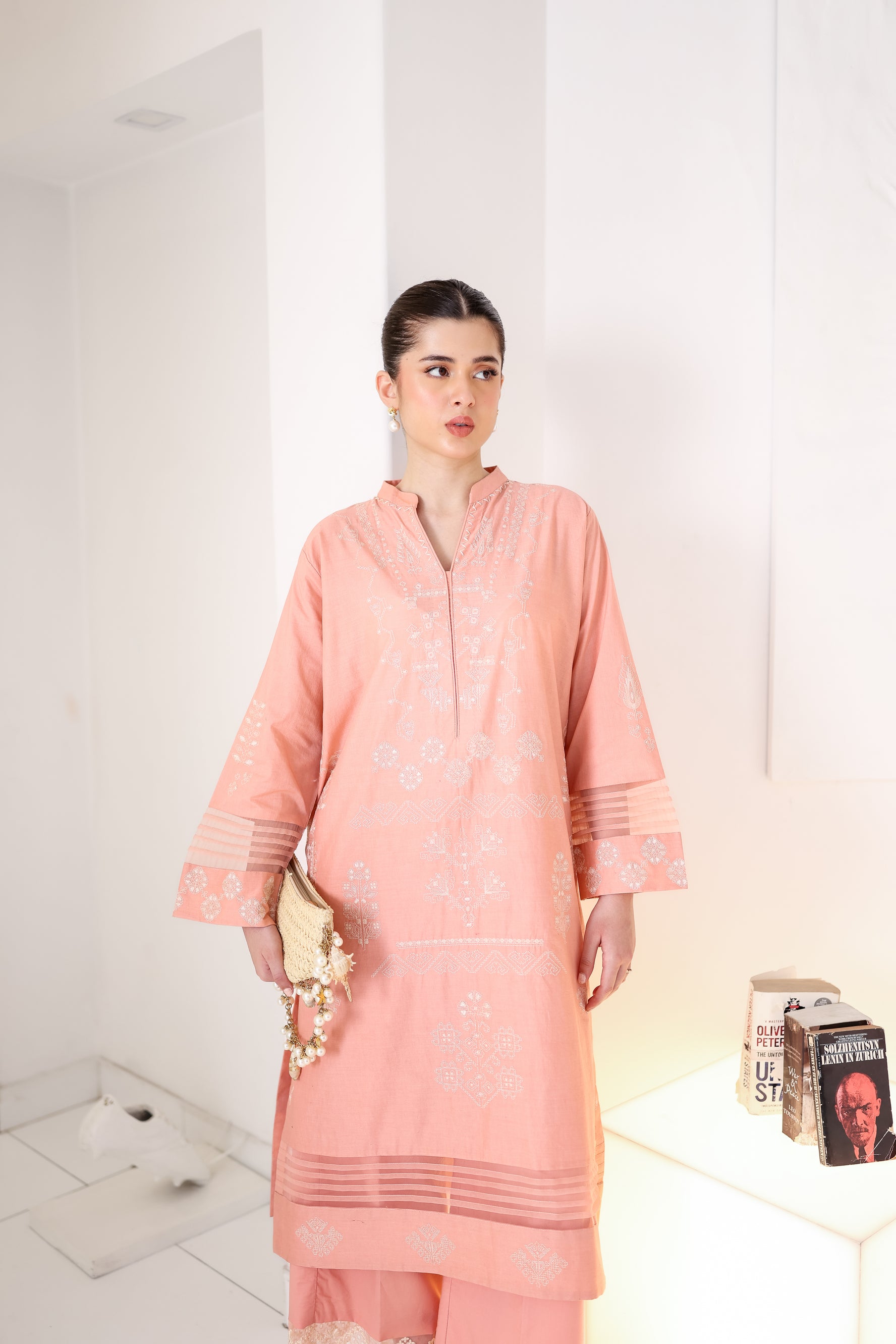 PEACHY PINK LUXURY EMBROIDERED 2PCS SET (NPA2-25306)-READY TO WEAR / READY TO SHIP