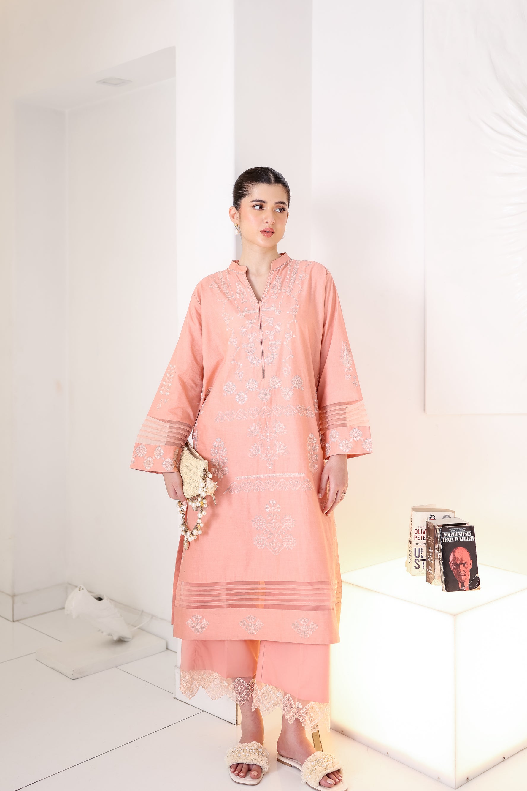 PEACHY PINK LUXURY EMBROIDERED 2PCS SET (NPA2-25306)-READY TO WEAR / READY TO SHIP