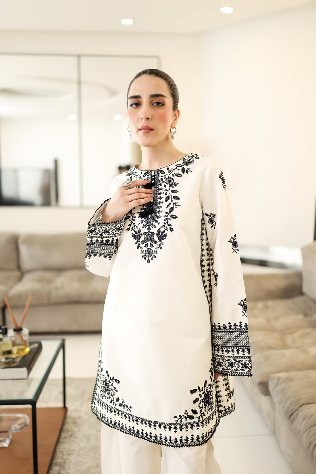 OFF-WHITE & BLACK LUXURY EMBROIDERED FARSHI SET (NPA2-25302)-READY TO WEAR / READY TO SHIP