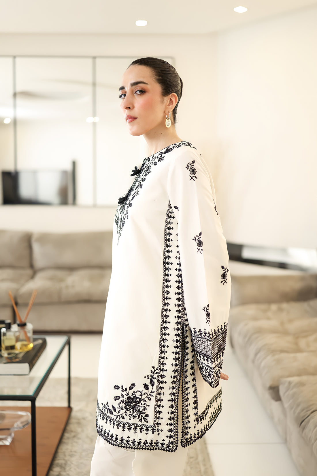 OFF-WHITE & BLACK LUXURY EMBROIDERED FARSHI SET (NPA2-25302)-READY TO WEAR / READY TO SHIP