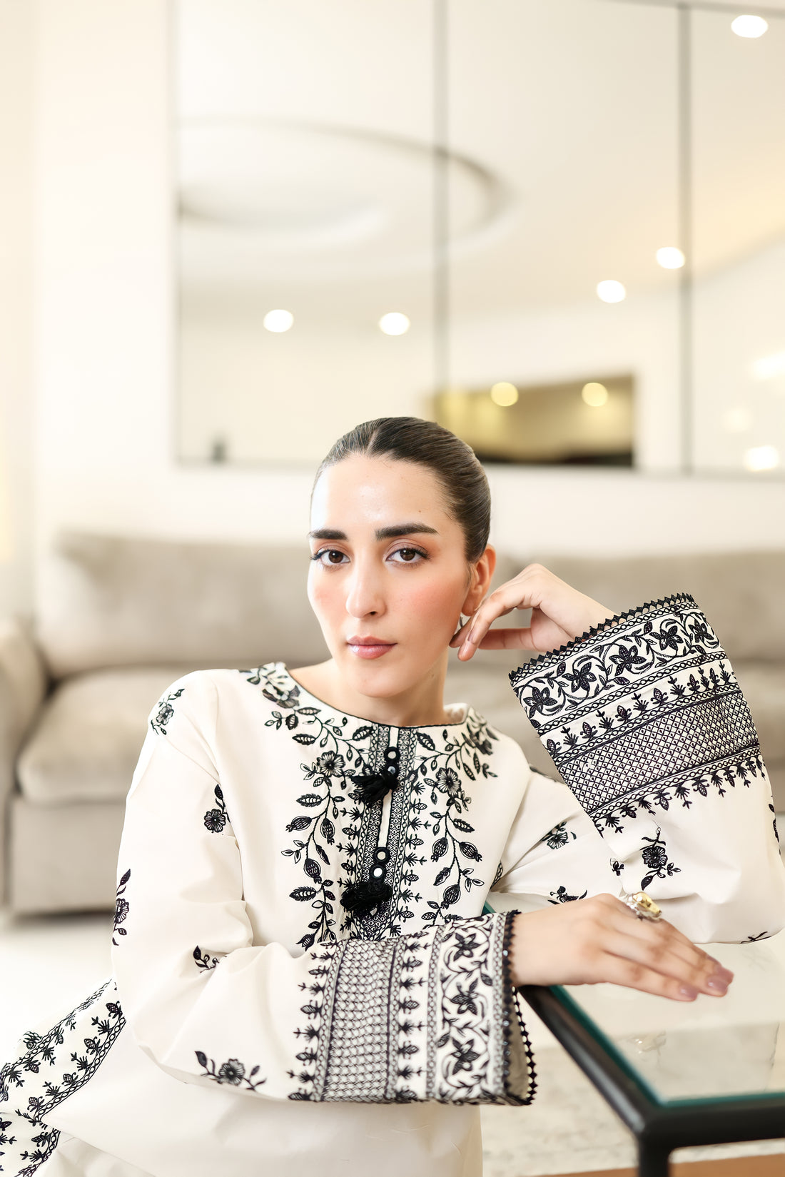 OFF-WHITE & BLACK LUXURY EMBROIDERED FARSHI SET (NPA2-25302)-READY TO WEAR / READY TO SHIP