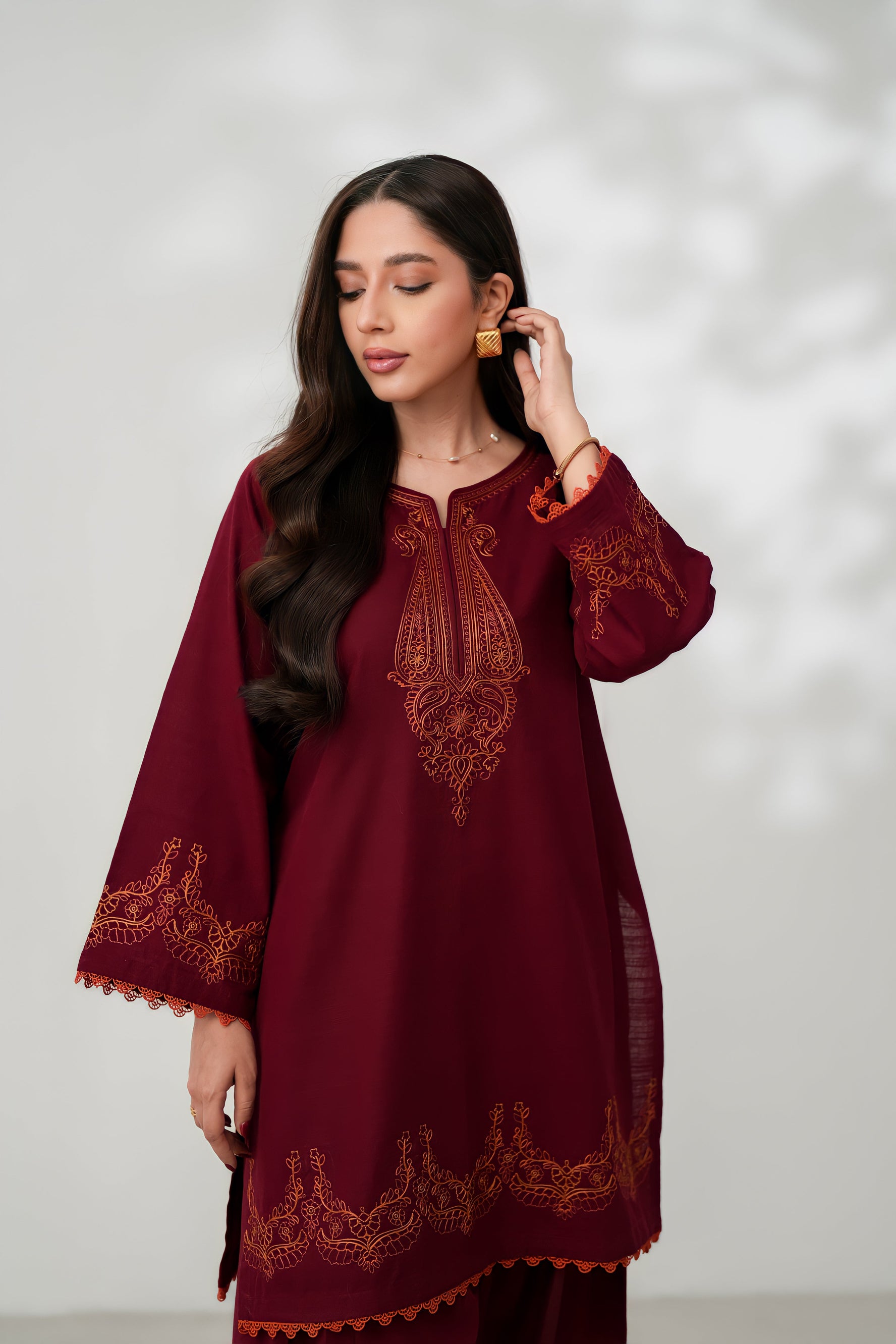 MERLOT LUXURY EMBROIDERED FALL SET (NPA2-24311 ) - READY TO SHIP