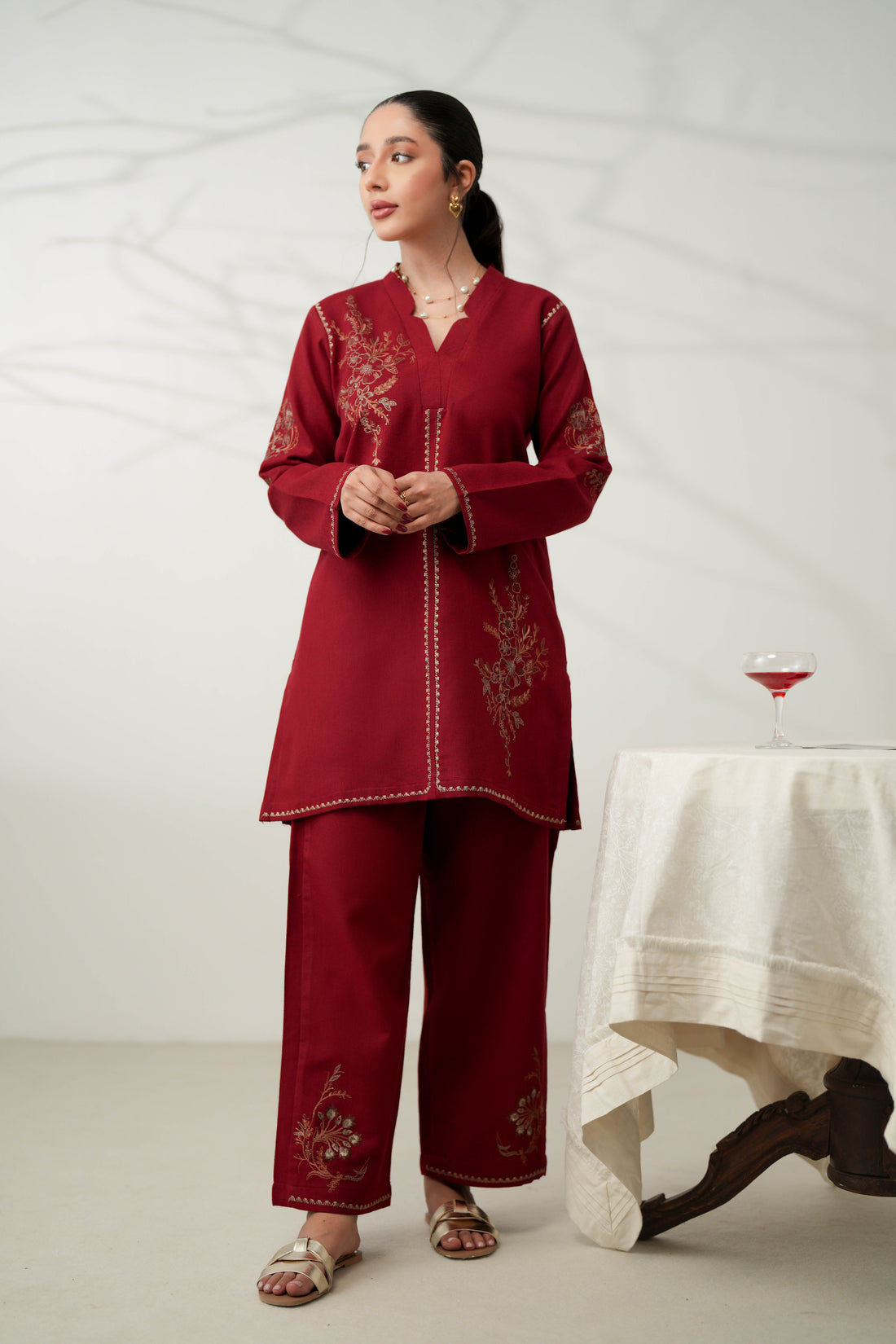 DEEP RED LUXURY EMBROIDERED FALL SET (NPA2-24315) - READY TO SHIP