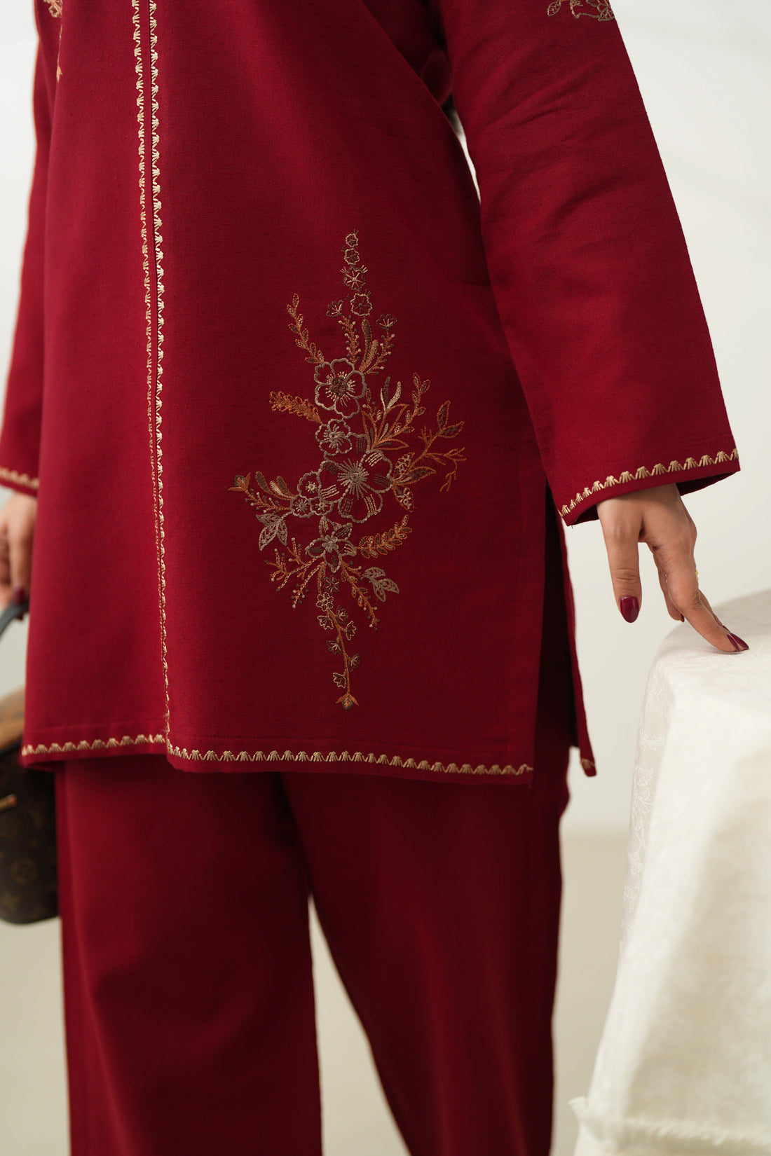 DEEP RED LUXURY EMBROIDERED FALL SET (NPA2-24315) - READY TO SHIP