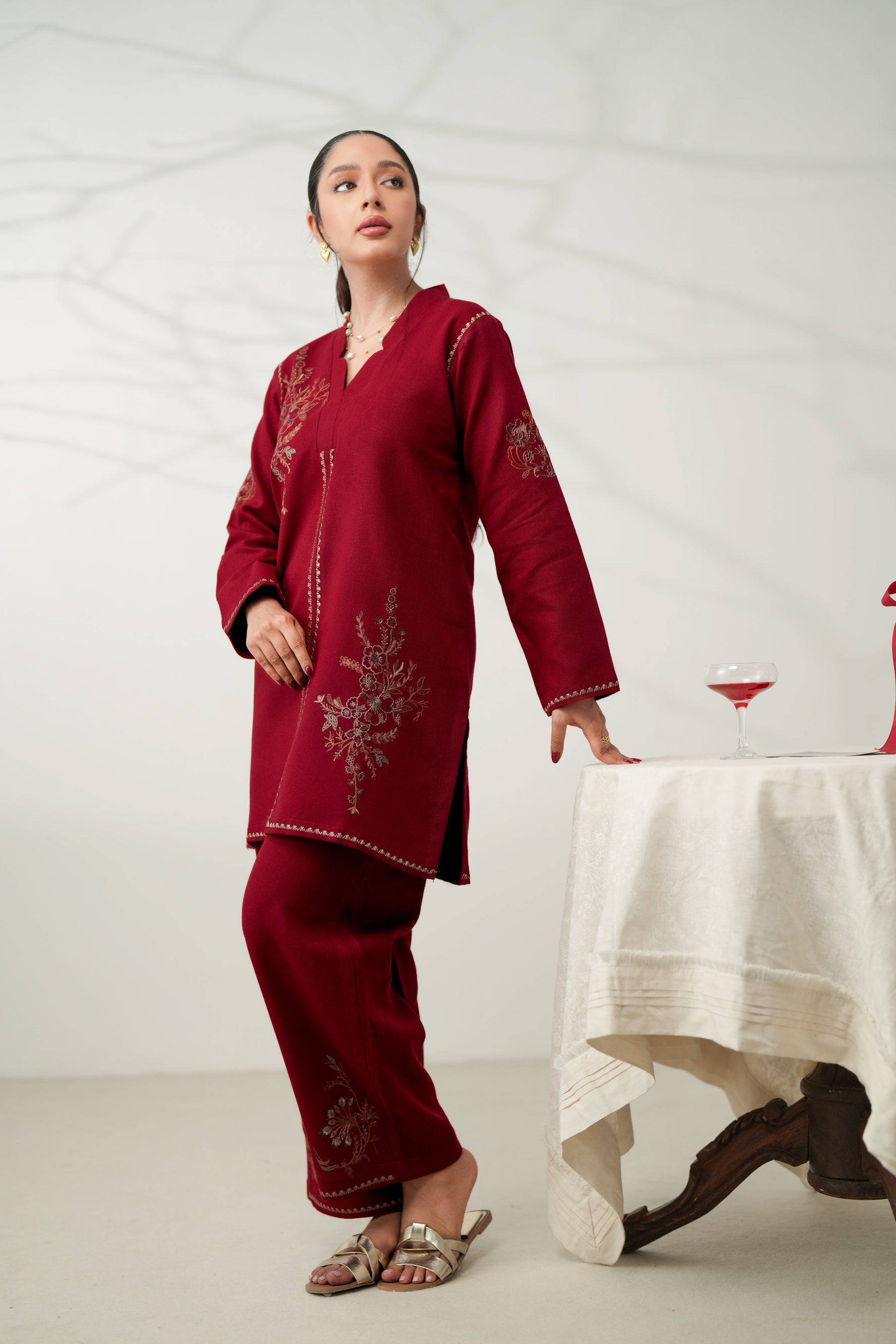 DEEP RED LUXURY EMBROIDERED FALL SET (NPA2-24315) - READY TO SHIP