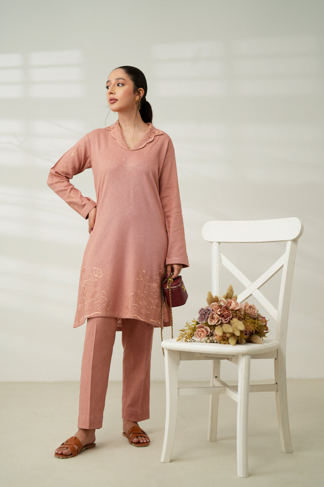 TEA PINK LUXURY EMBROIDERED FALL SET (NPA2-24318) - READY TO SHIP