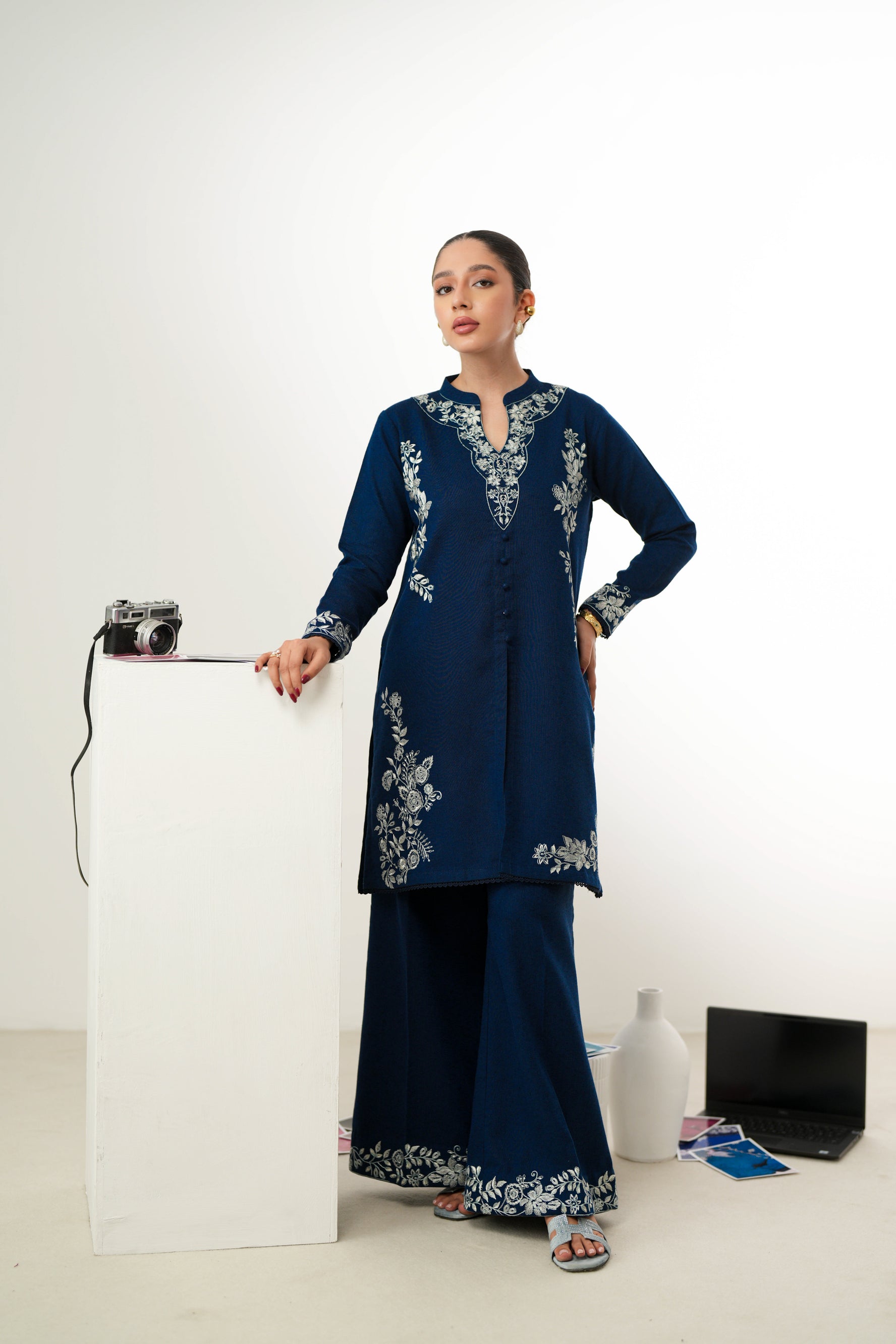 NAVY BLUE LUXURY EMBROIDERED FALL SET (NPA2-24316) - READY TO SHIP