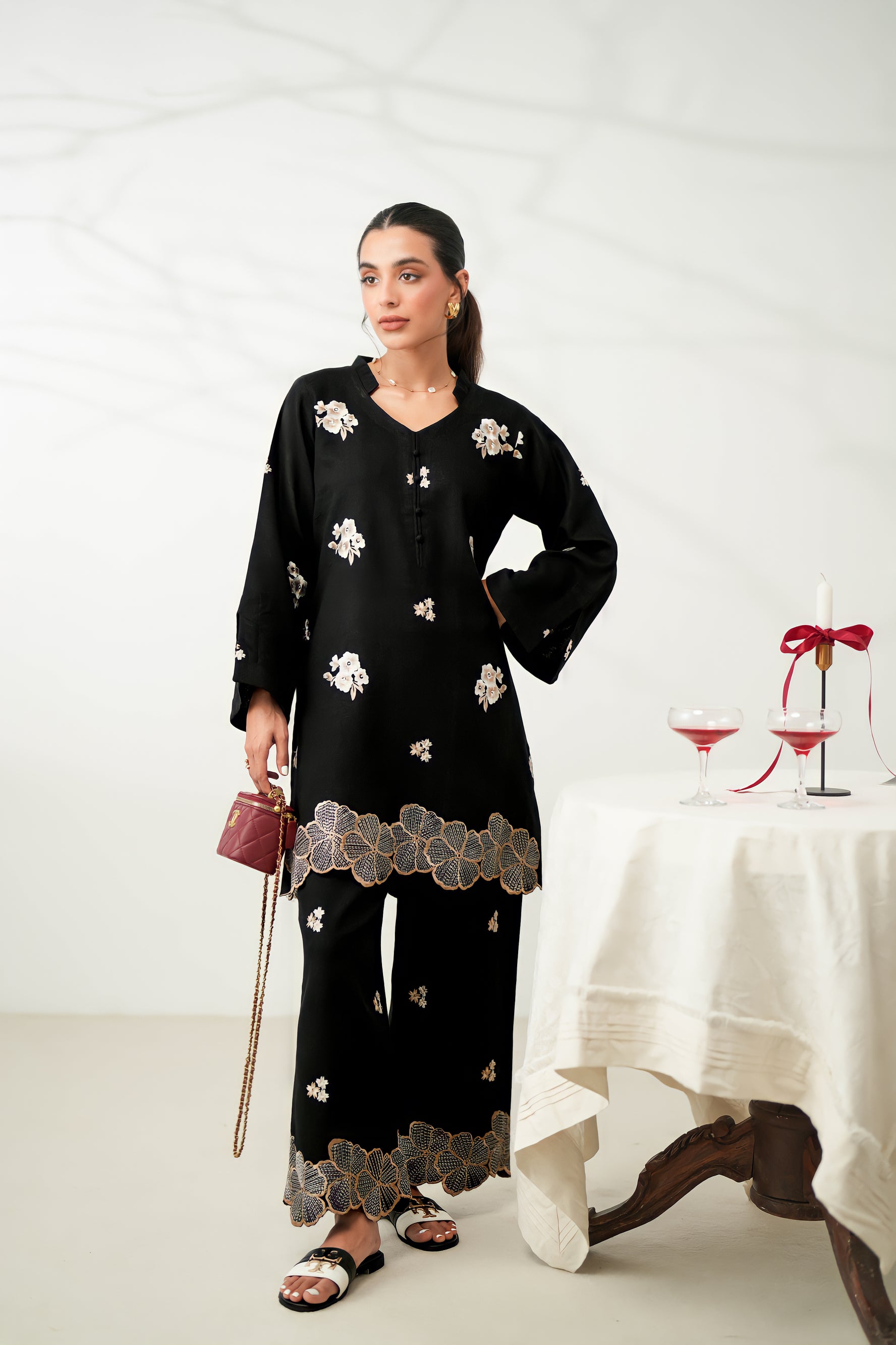 BLACK LUXURY EMBROIDERED FALL SET (NPA2-24317) - READY TO SHIP