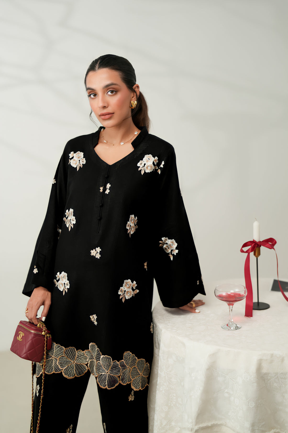 BLACK LUXURY EMBROIDERED FALL SET (NPA2-24317) - READY TO SHIP