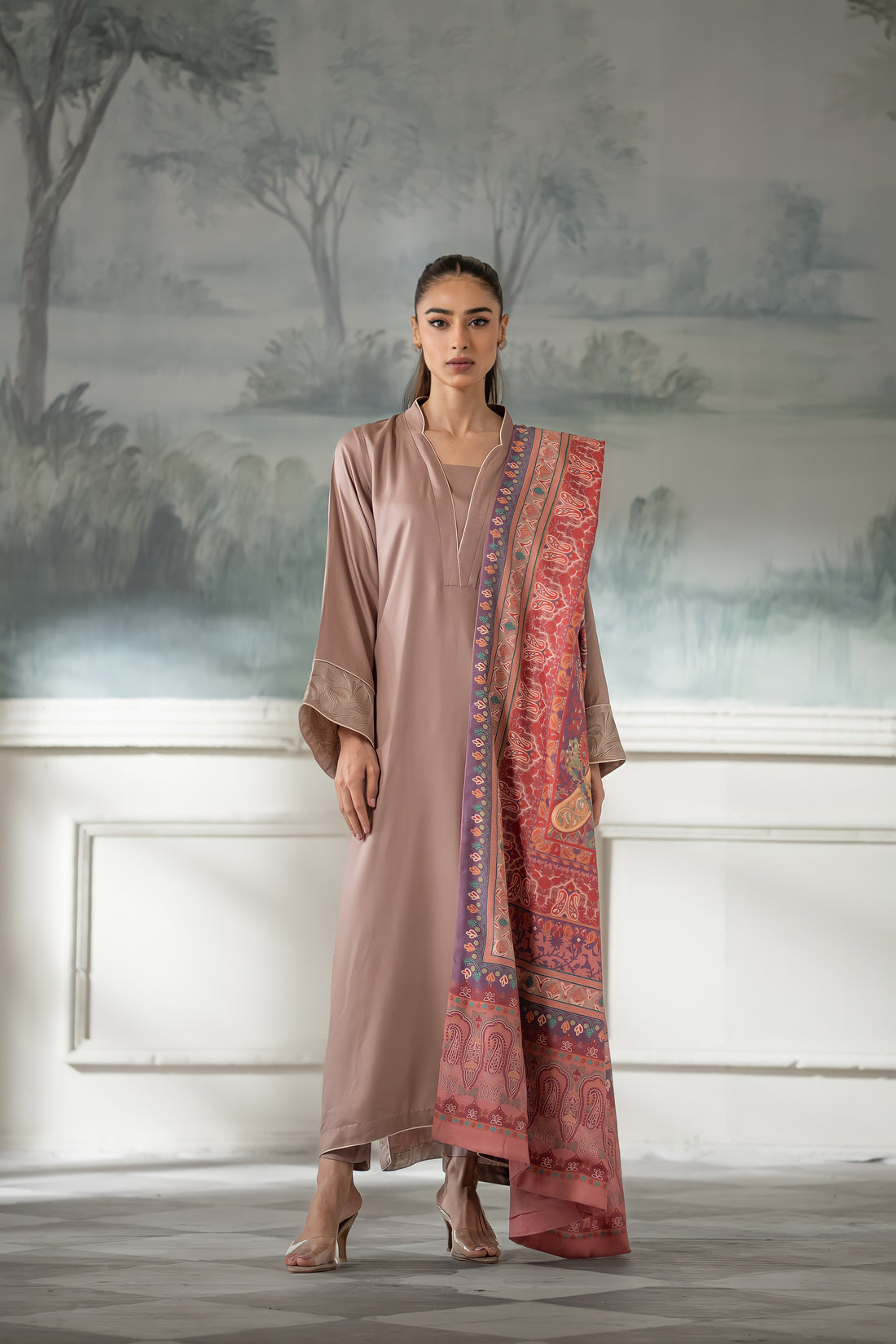 Taupe Fall Embroidered Set NEL-23645 (Includes Shawl)