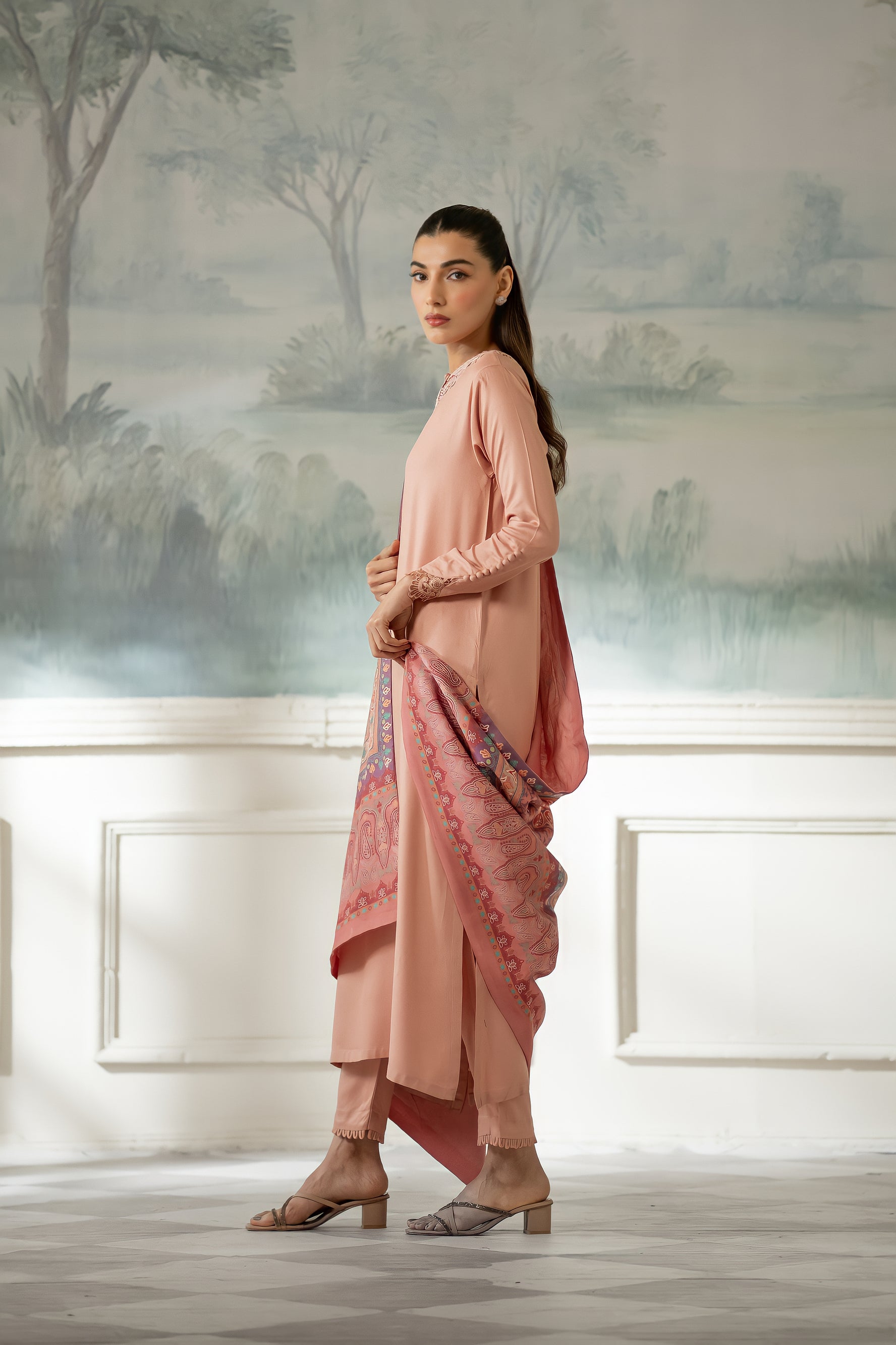 Pink Fall Embroidered Set NEL-23647 (Includes Shawl)