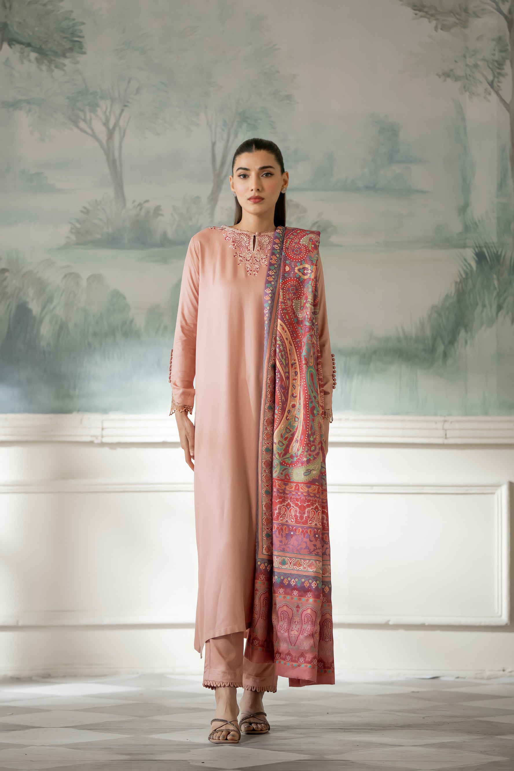 Pink Fall Embroidered Set NEL-23647 (Includes Shawl)