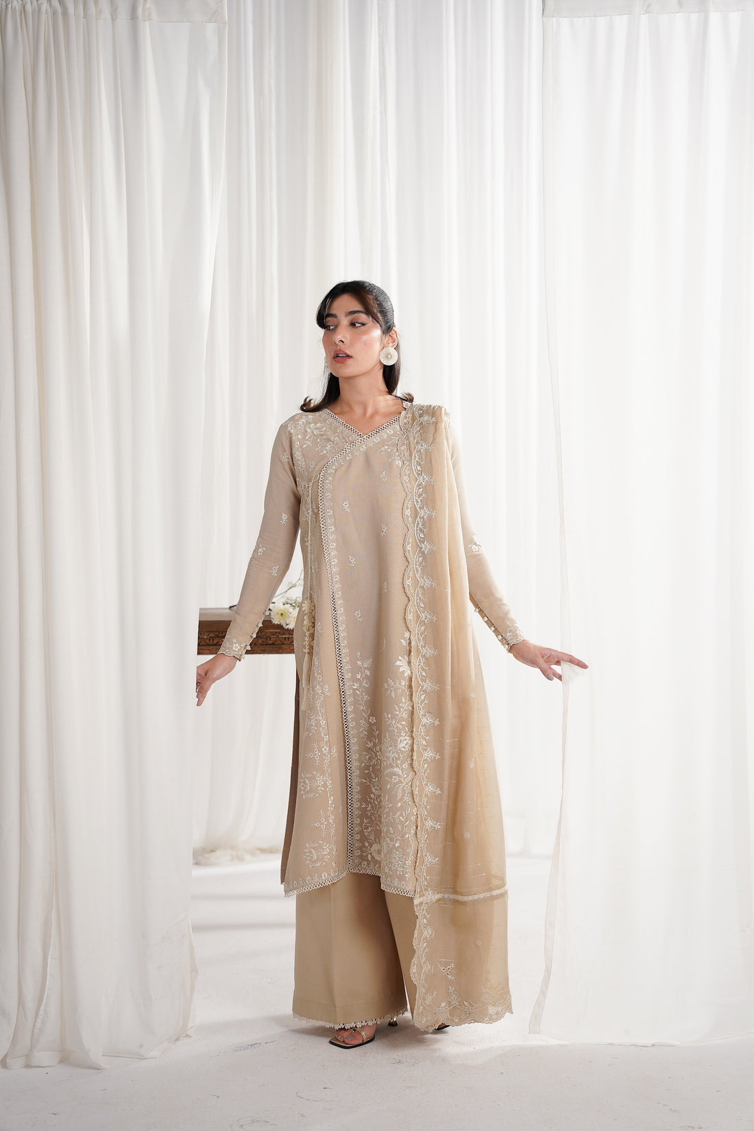 SAND BEIGE LUXURY EMBROIDERED ANGRAKHA SET 3PCS SET NPA3-25419 (EID 2025 READY TO WEAR) / READY TO SHIP
