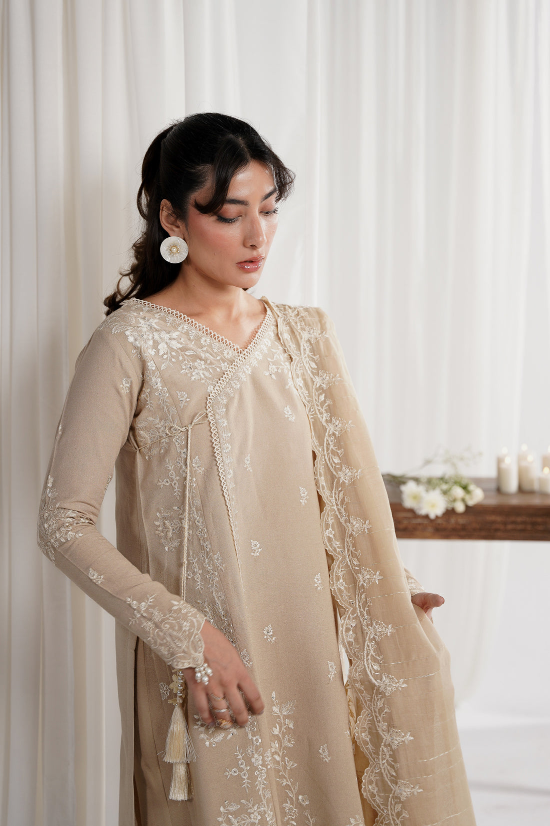 SAND BEIGE LUXURY EMBROIDERED ANGRAKHA SET 3PCS SET NPA3-25419 (EID 2025 READY TO WEAR) / READY TO SHIP