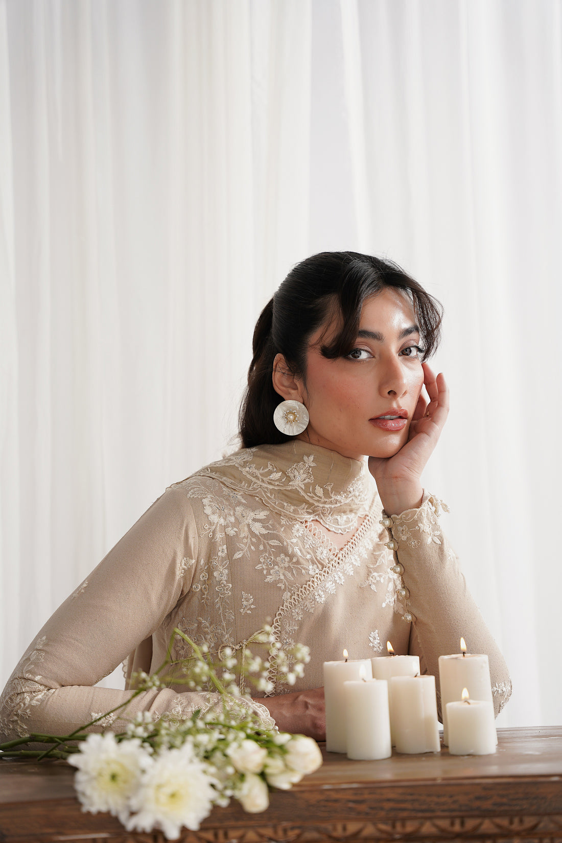 SAND BEIGE LUXURY EMBROIDERED ANGRAKHA SET 3PCS SET NPA3-25419 (EID 2025 READY TO WEAR) / READY TO SHIP