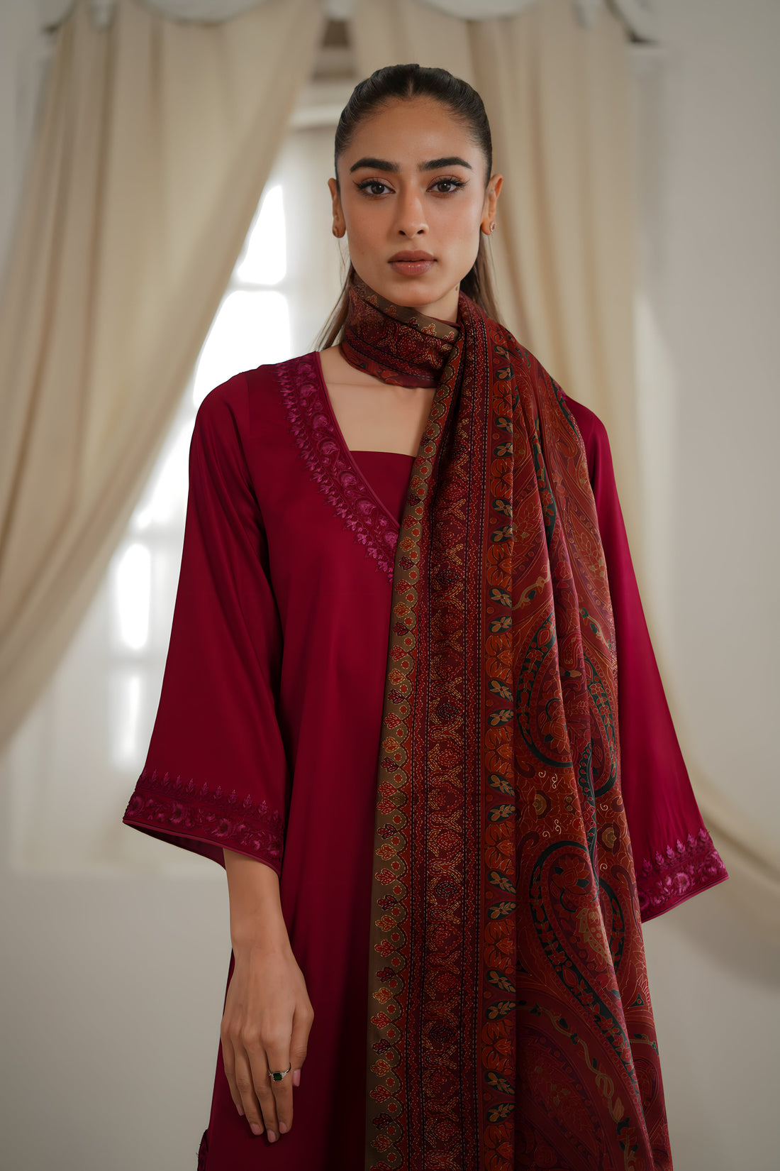 Burgundy Fall Embroidered Set NEL-23642 (Includes Shawl)