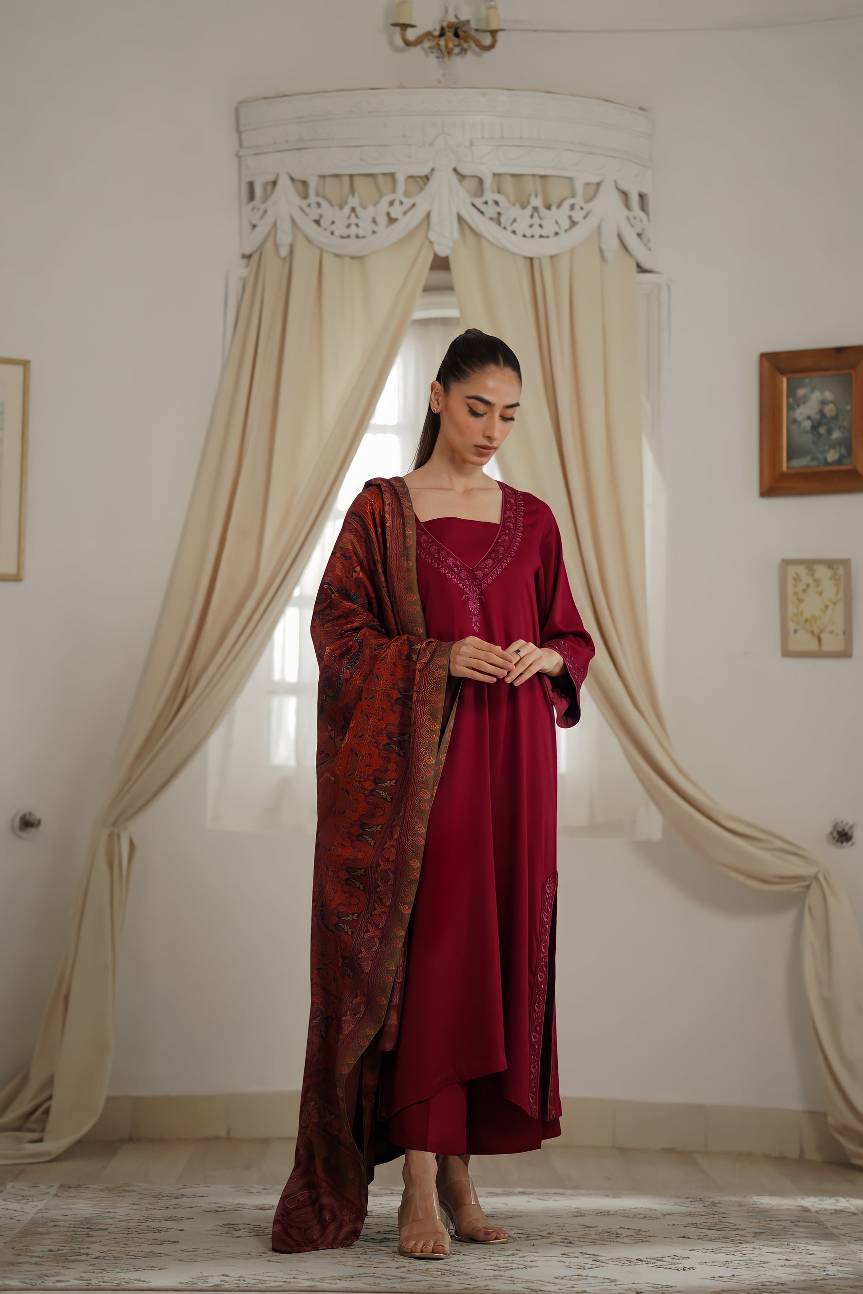 Burgundy Fall Embroidered Set NEL-23642 (Includes Shawl)