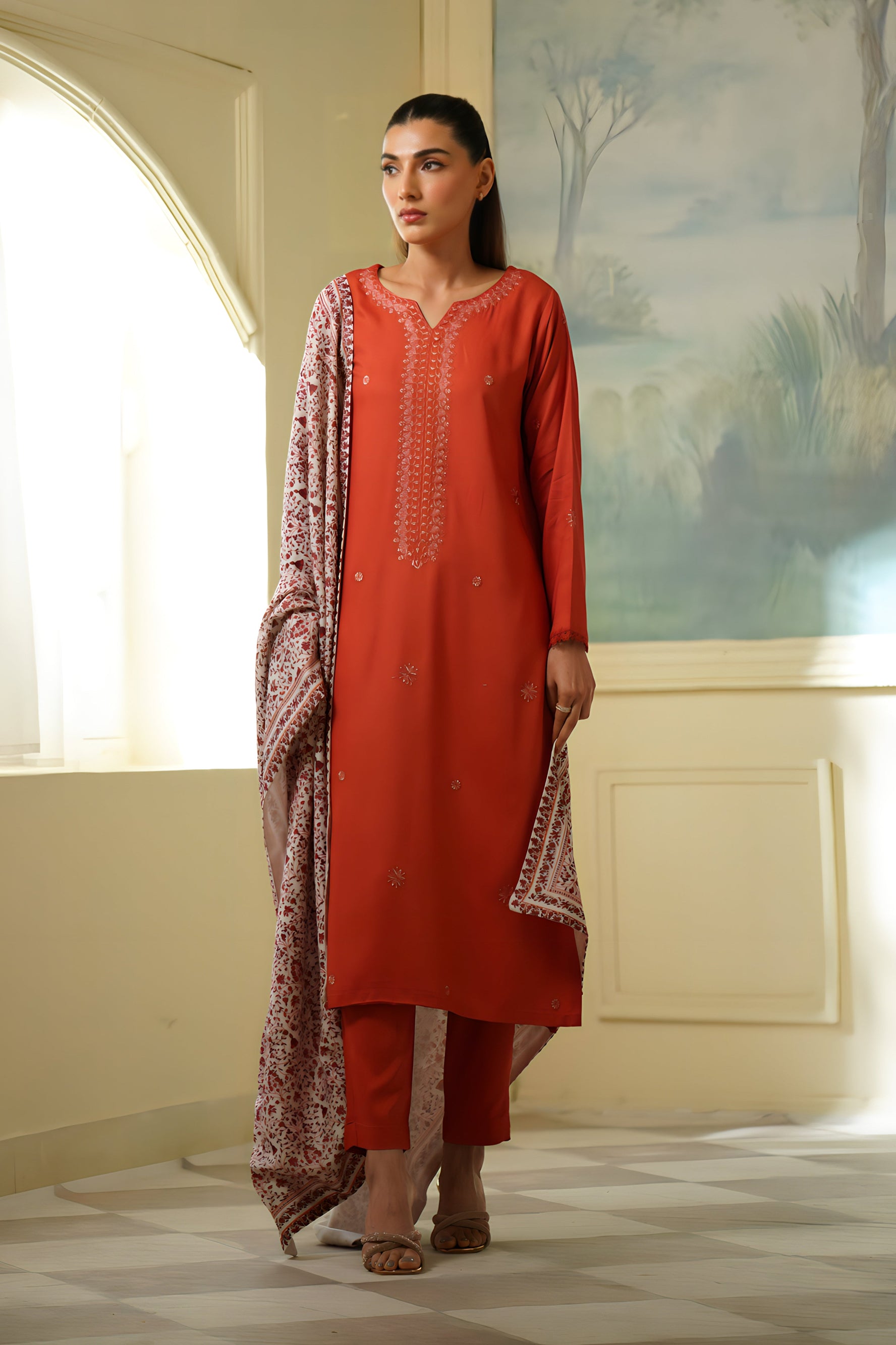 Coral Fall Embroidered Set NEL-23646 (SHAWL INCLUDED) READY TO SHIP