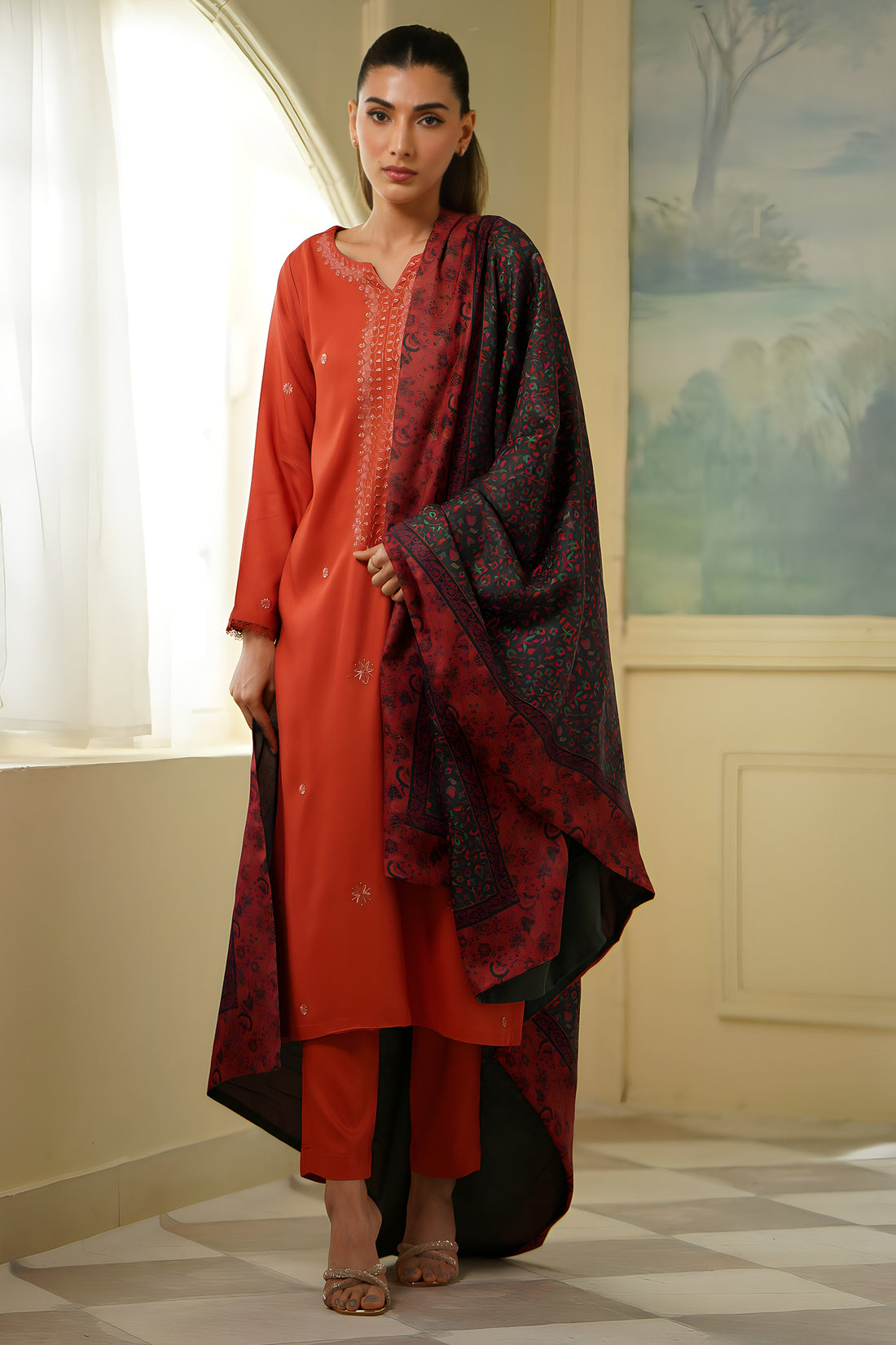 Coral Fall Embroidered Set NEL-23646 (Includes Shawl)