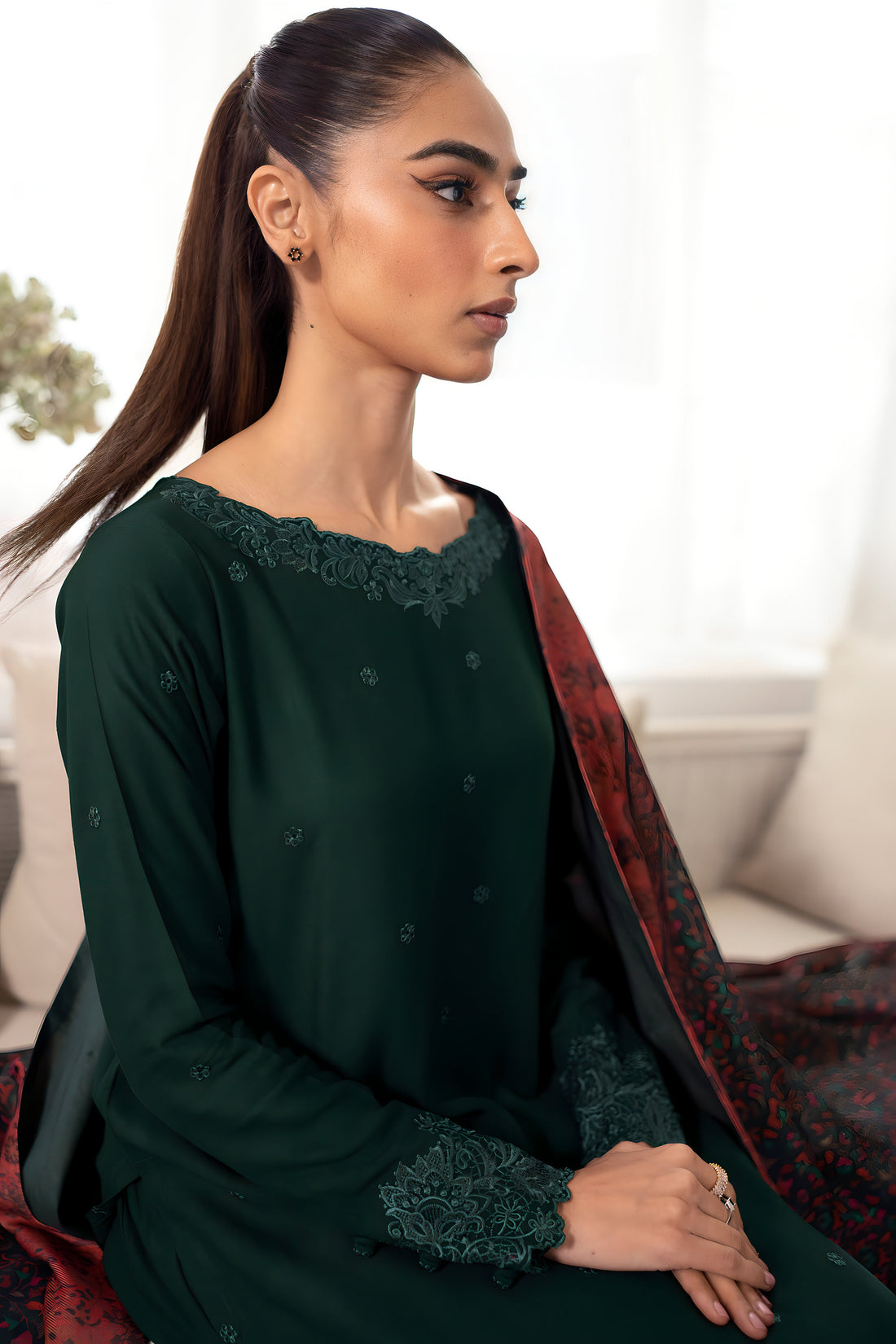 Emerald Green Fall Embroidered Set NEL-23644 (Includes Shawl)
