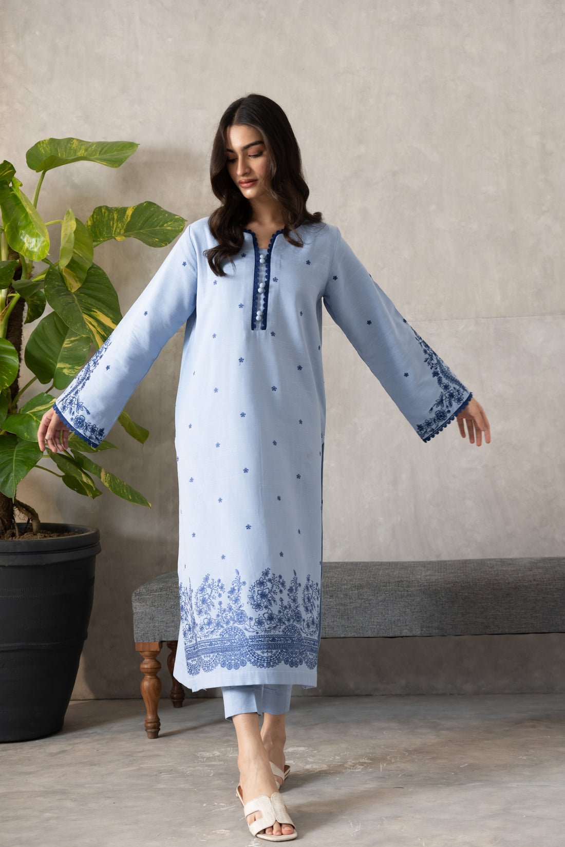 Baby Blue Embroidered Khaddar Two Piece Set NPA2-22641